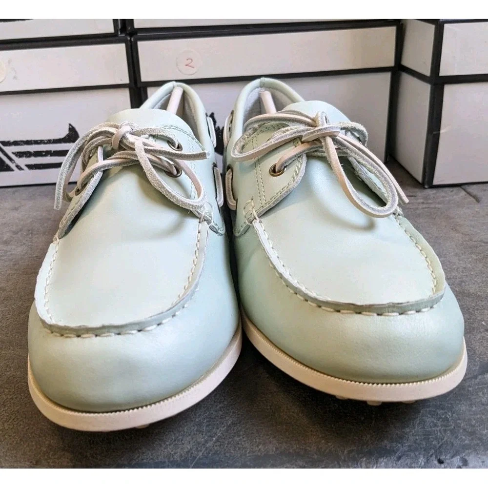 READ Canoos Golf Shoes Womens 11 Seafoam Green & White Leather Boat Shoe Loafer